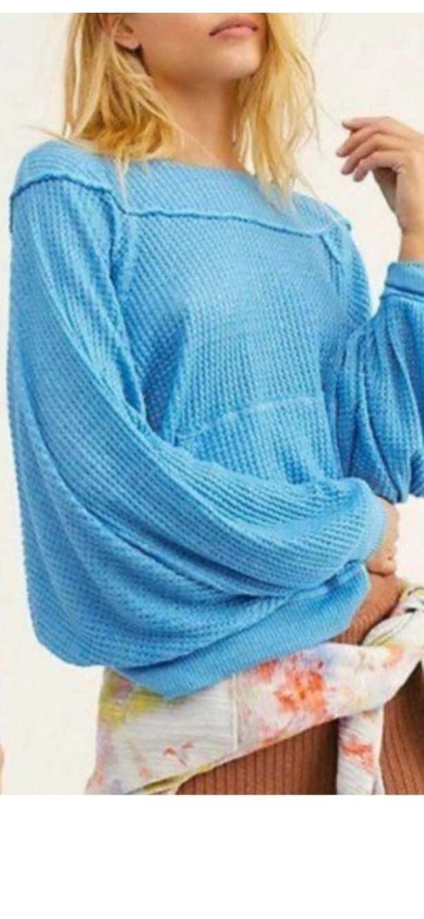 We The Free Westend Waffle Knit Top Medium Sky Blue beach boho
